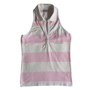 Pink and white sleeveless V collared shirt with #11 heat press iron on it